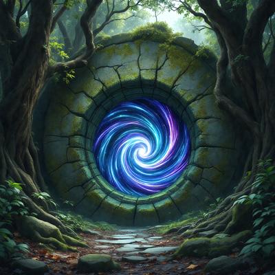 The primary subject of the image is a large, circular, blue and purple spiral, which appears to be a part of a stone wall or a stone door. The setting is a forest, with trees surrounding the spiral. The visual style is a digital art or illustration, creating a unique and intriguing atmosphere. The dominant colors are blue and purple, which contribute to the spiral's otherworldly and mystical appearance.